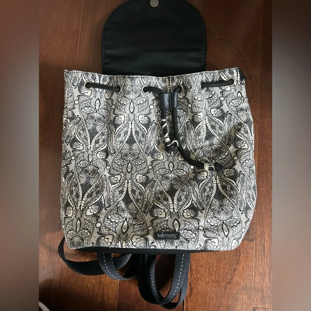 Sakroots Black and White Owl Print Boho Bohemian Whimsical Drawstring Backpack